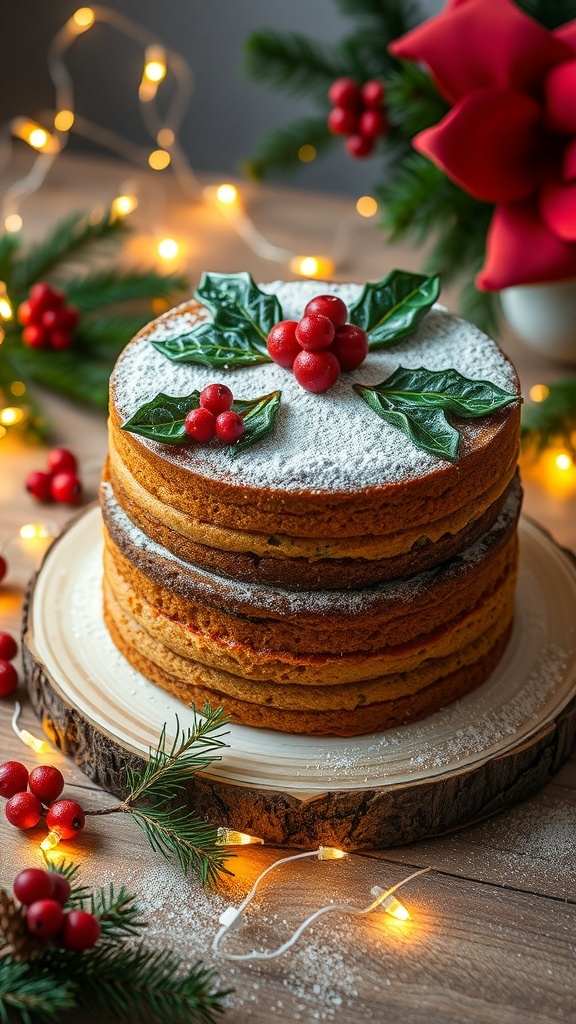 Festive Christmas Cake Flavor Ideas A festive Christmas cake decorated with holly and berries on a wooden table with holiday lights.